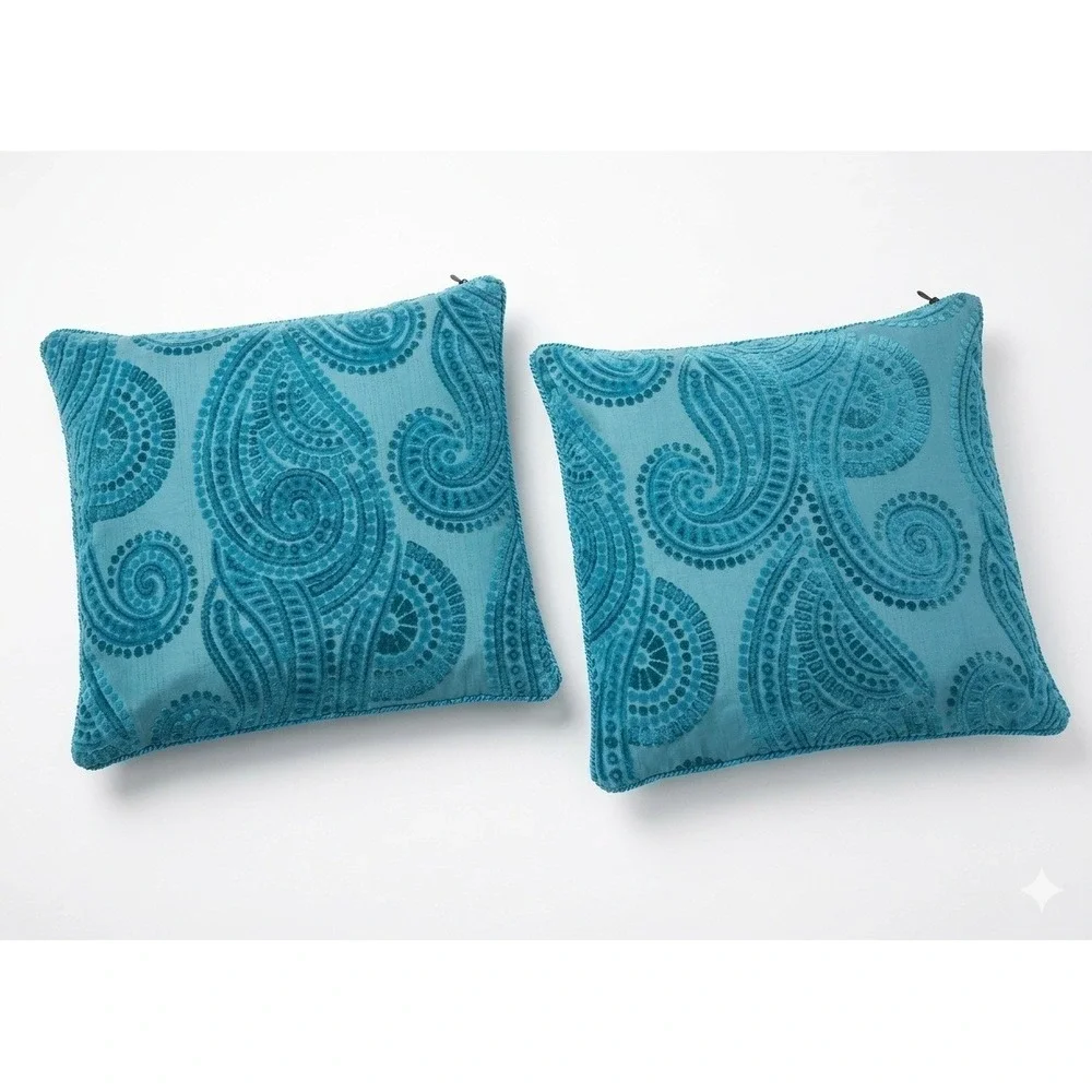 Pier 1 Imports Teal Paisley Damask Velvet Flocked 16x16 Pillow Covers Set of 2